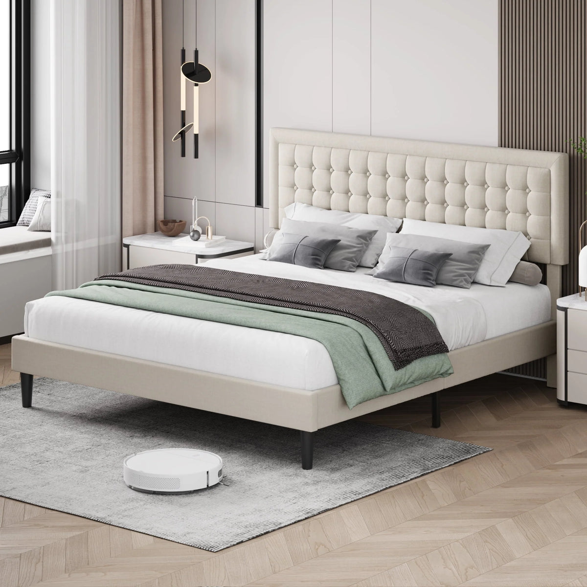 King Size Beige Upholstered Platform Bed Frame V134