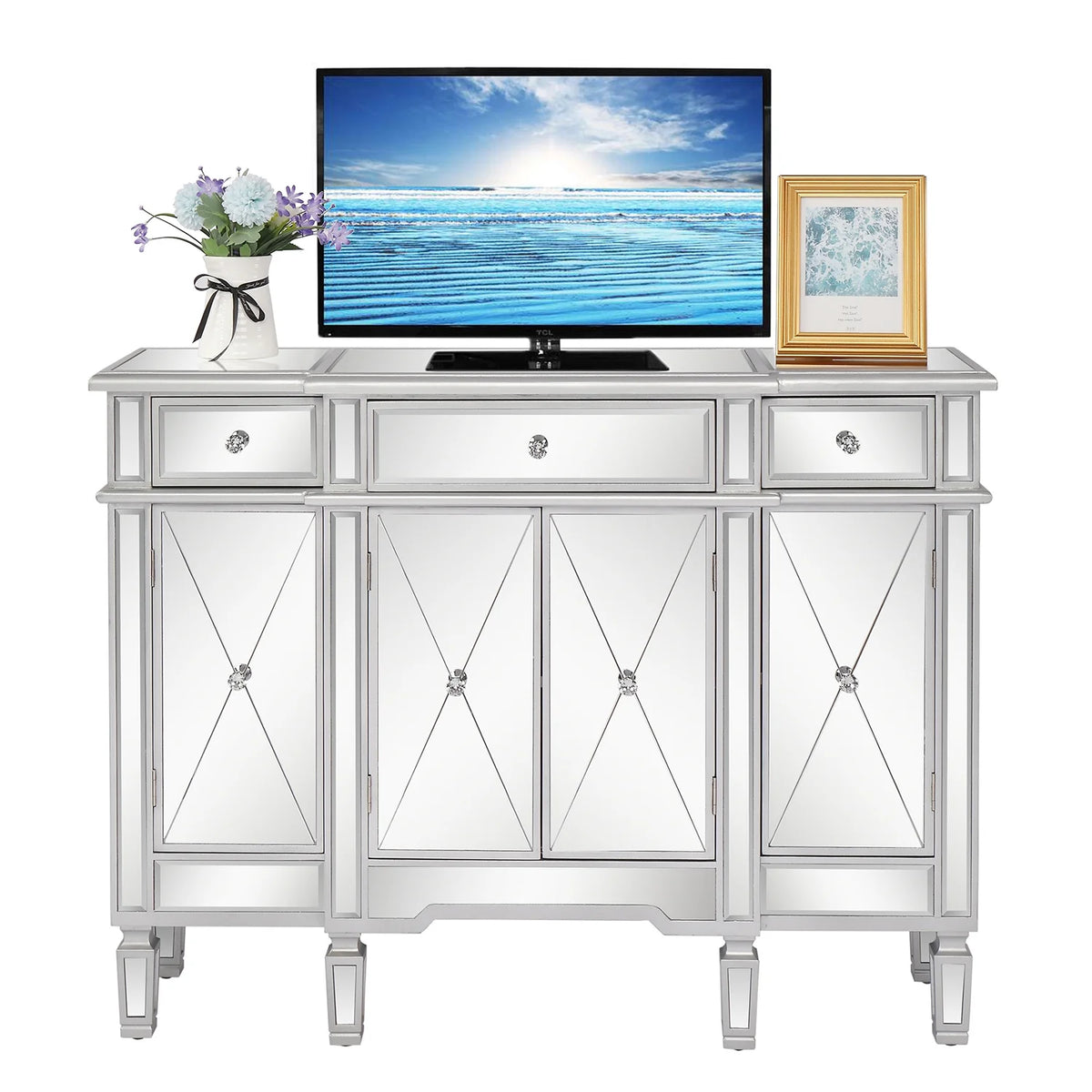 Mirrored Finish Glass TV Stand with 3 Drawers K746