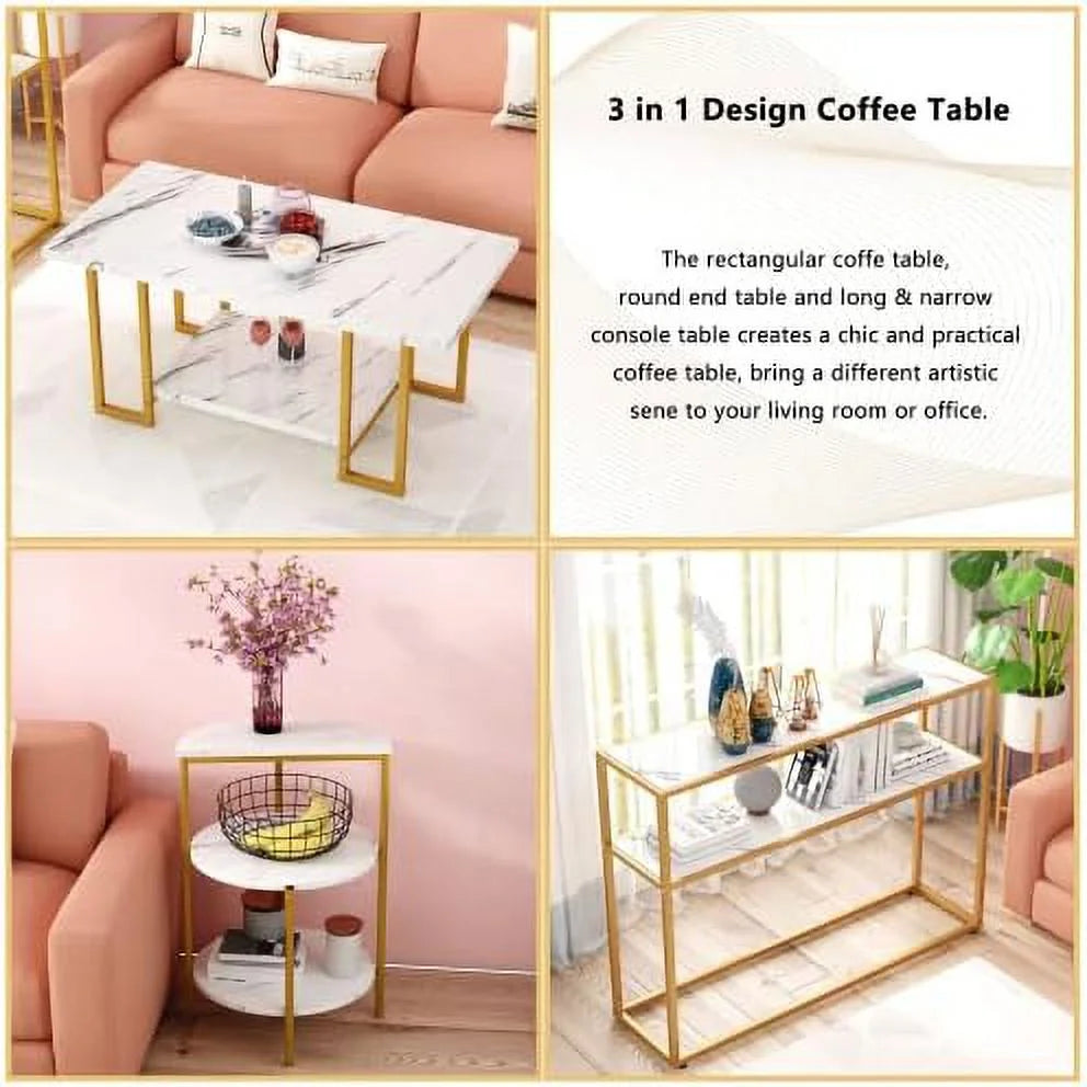 Faux Marble Coffee Table Set of 3 with Shelves Metal Frame R240296