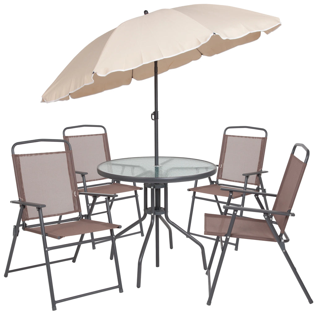 6-Piece Patio Set with Glass Table, Umbrella, and 4 Folding Chairs, Black U97157