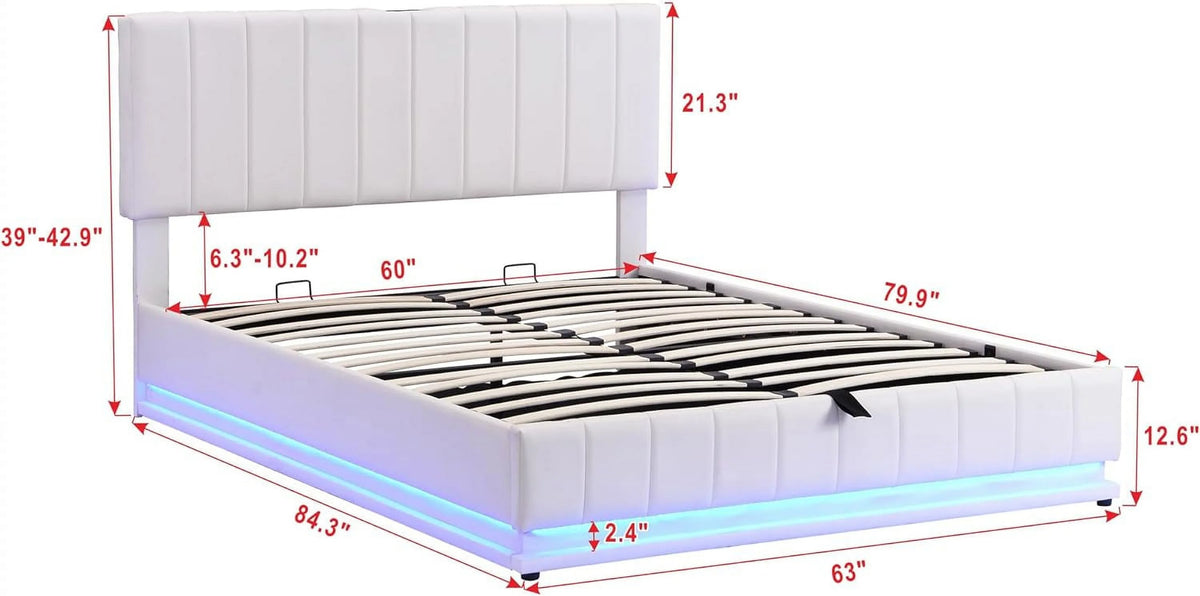White PU Leather Queen Lift Up Storage Bed Frame with LED Light R58201