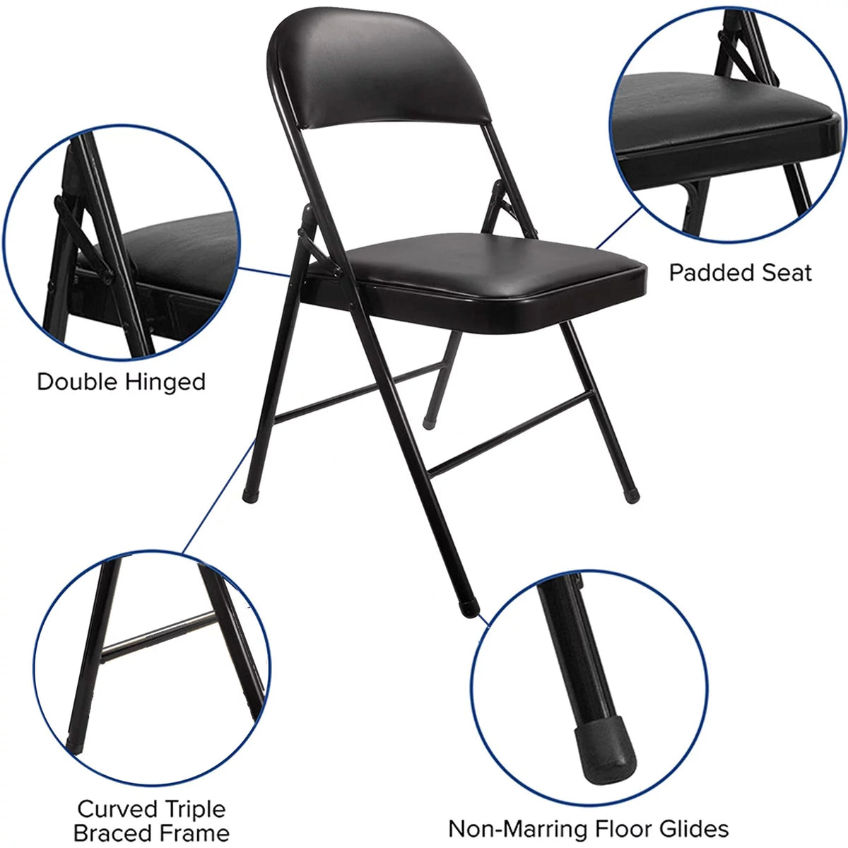 Black Metal Folding Chairs with Padded Seats, 6 Pack U4618