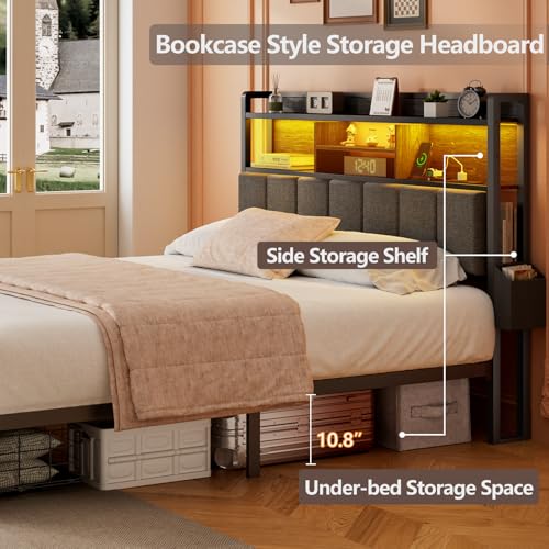 Queen Size Storage Drawer Metal Platform Bed Frame with Upholstered Headboard Y948
