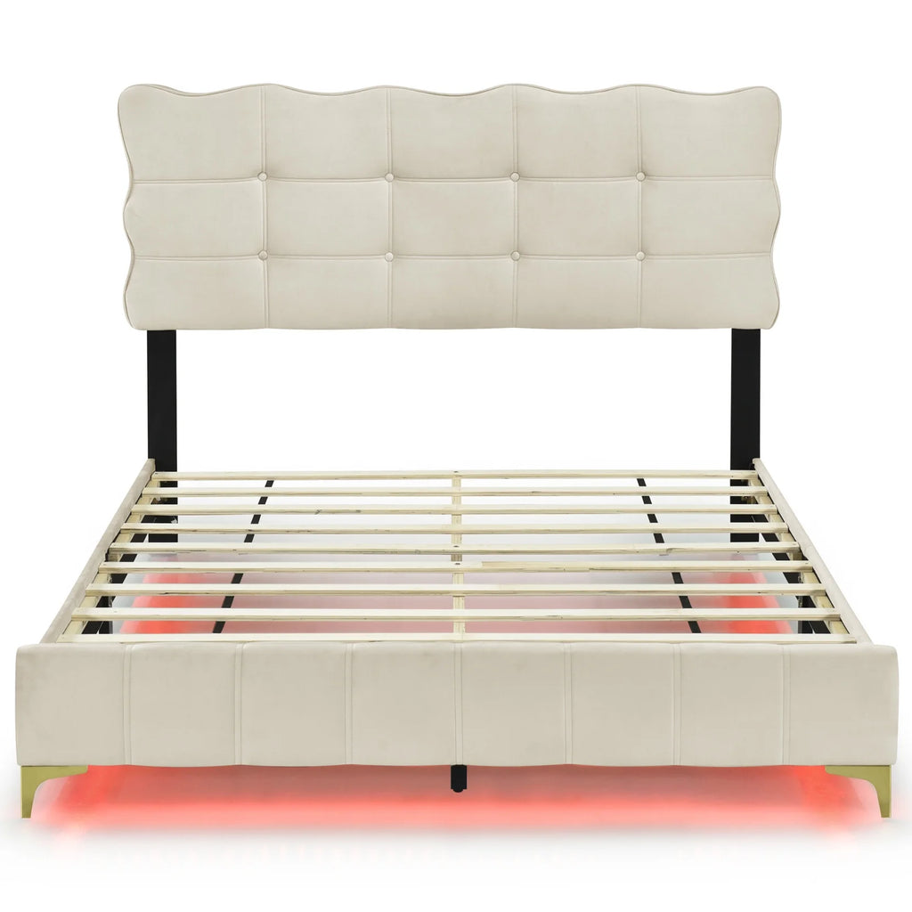 Queen Size Beige Velvet Upholstered Platform Bed with LED N941