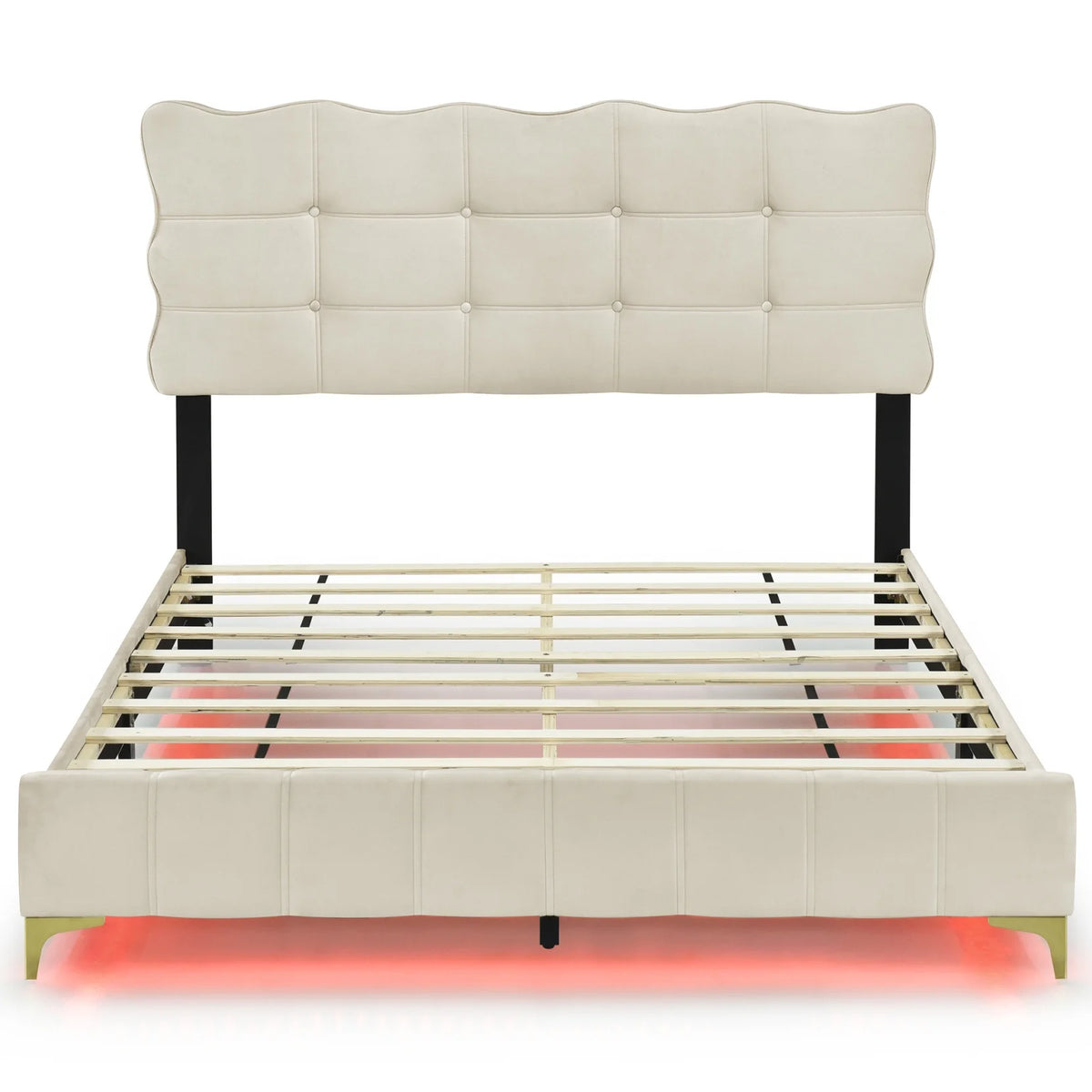 Queen Size Beige Velvet Upholstered Platform Bed with LED N941