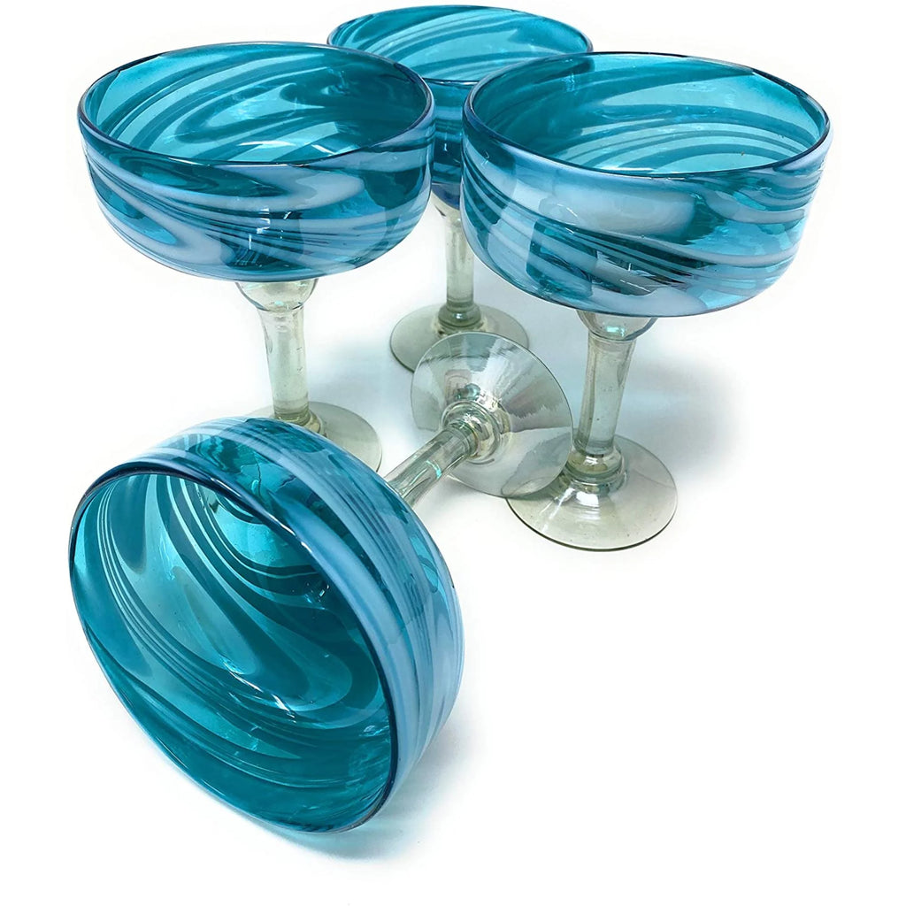 Set of 4 Hand Blown Margarita Glasses Aqua Swirl 16 oz P28645