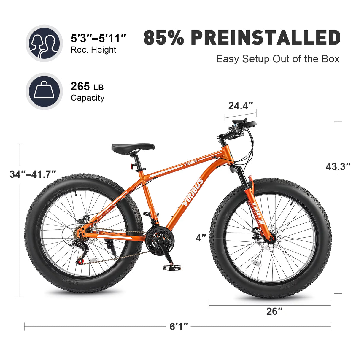 26 Fat Tire Mountain Bike with Front Suspension 21 Speeds Disc Brakes Orange E39712