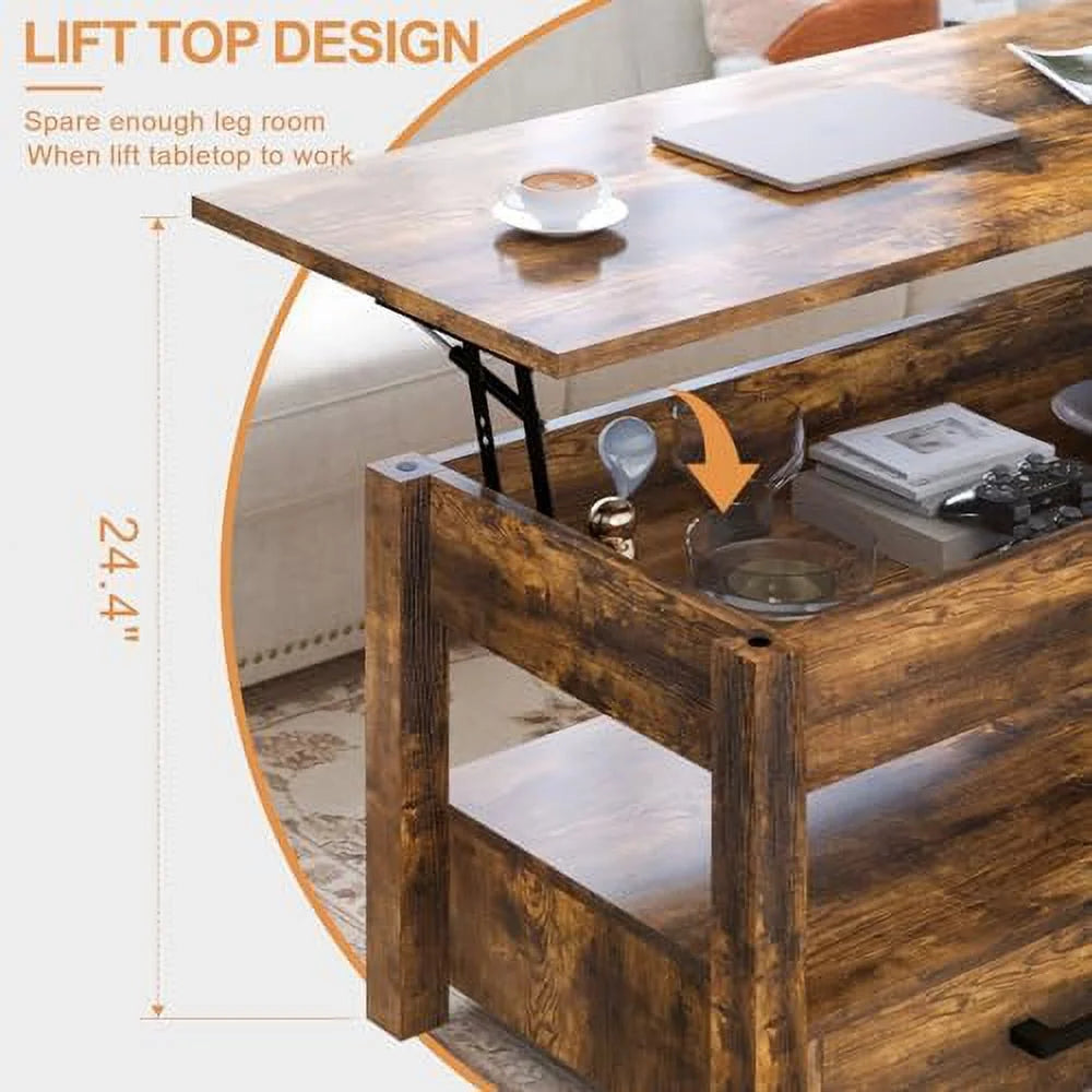 41.7'' Lift Top Coffee Table with 2 Drawer Hidden Compartment Rustic Brown V4987