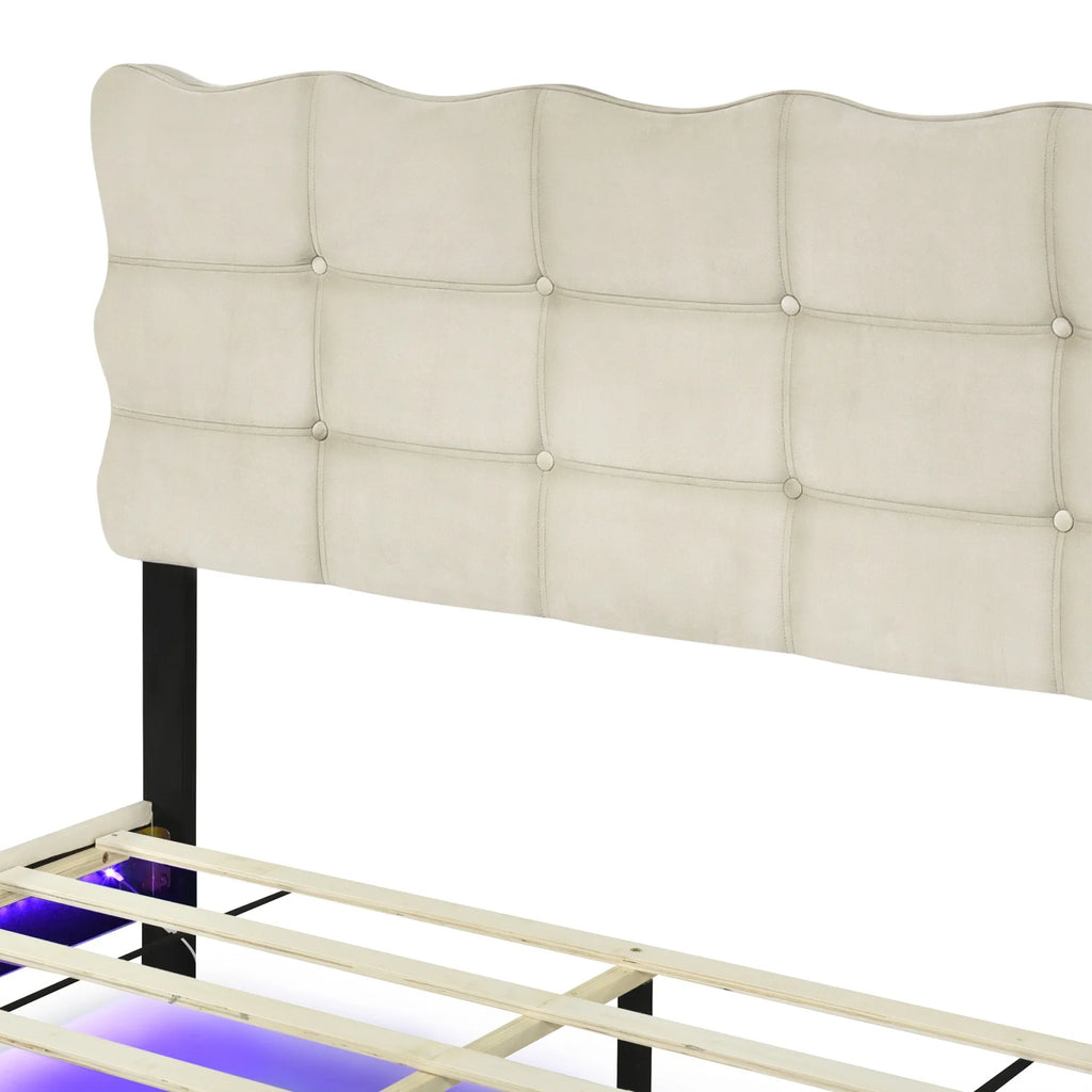 Queen Size Beige Velvet Upholstered Platform Bed with LED N941