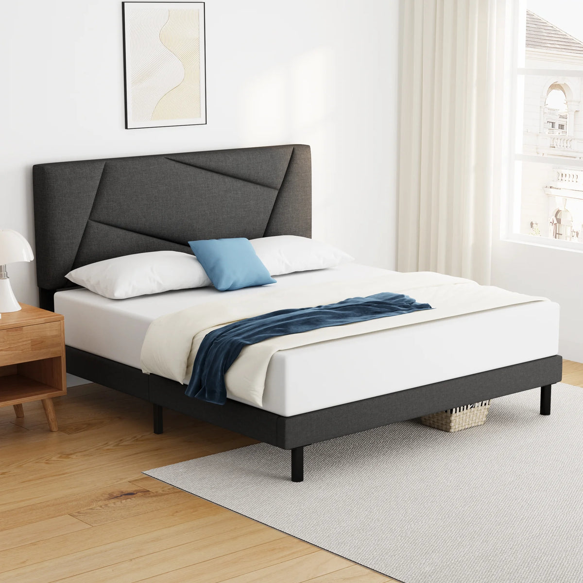 Queen Size Fabric Upholstered Platform Bed Frame H54485