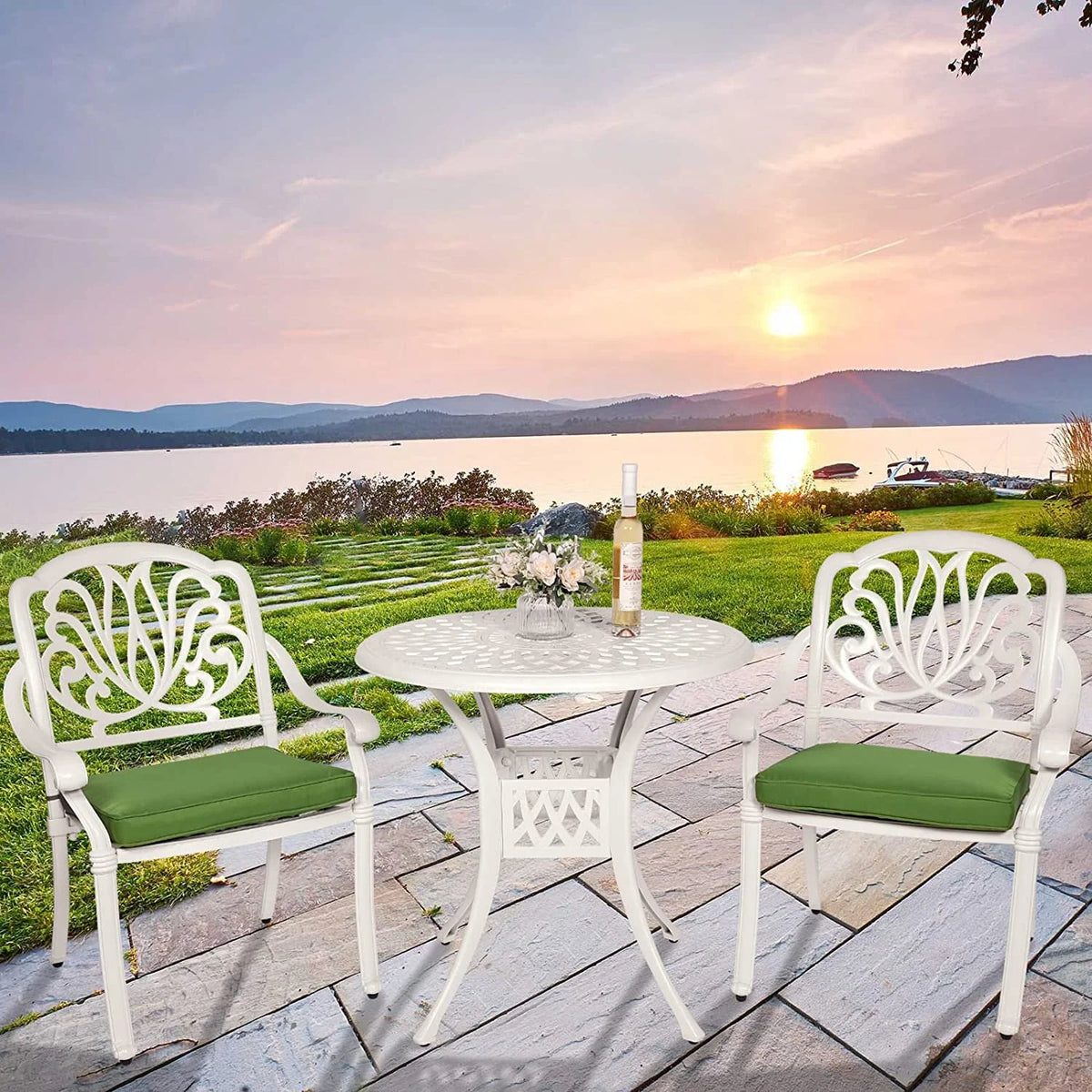 3-Piece Cast Aluminum Outdoor Patio Dining Set with 2 Cushioned Chairs and Round Table R538