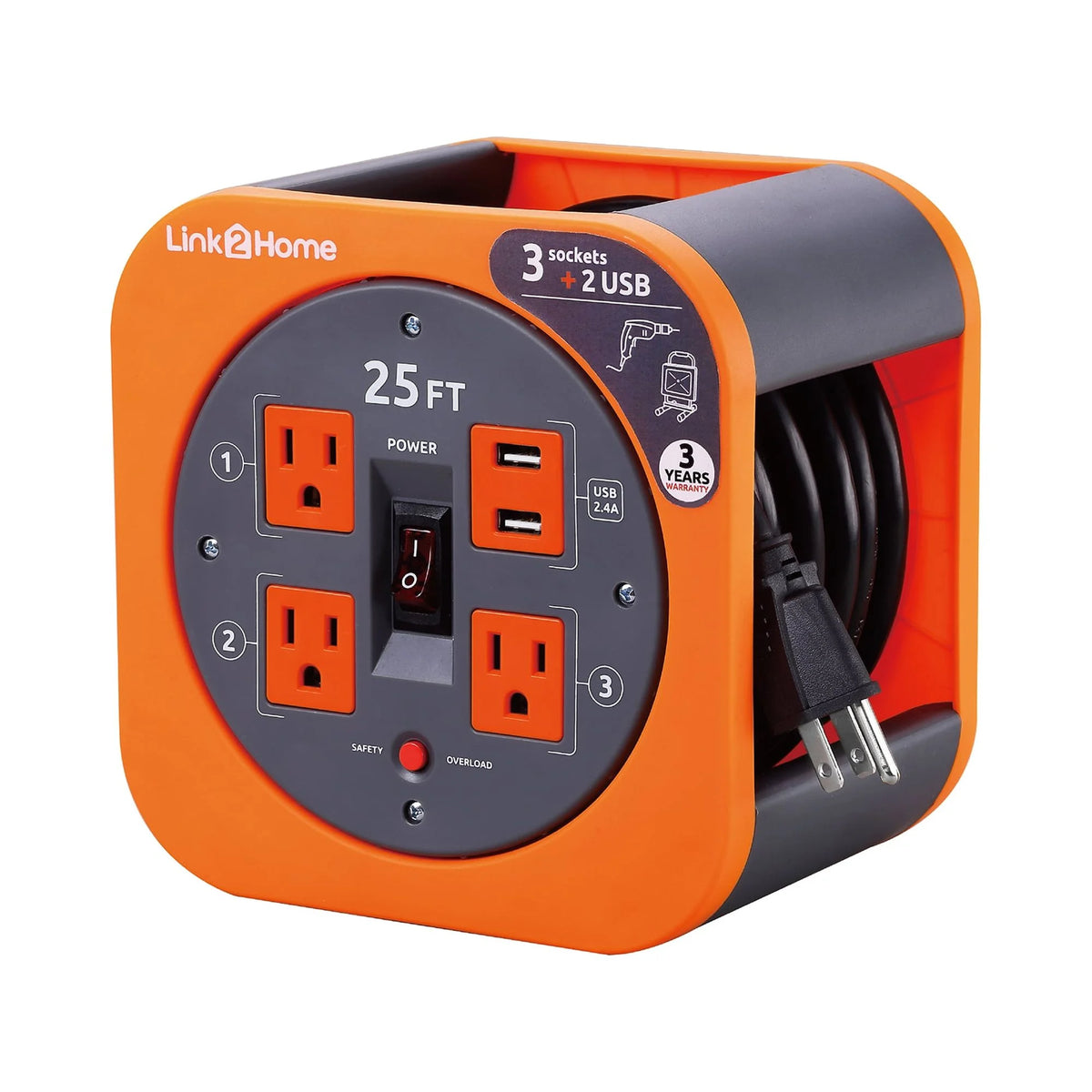 25 ft. Extension Cord 3 Power Outlets 2 USB Ports 16 AWG SJT Cable J248826