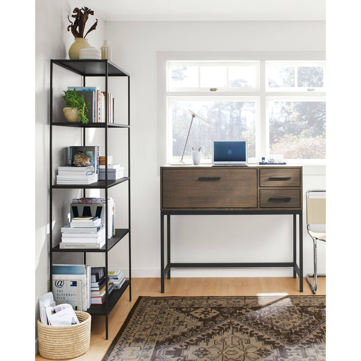 Modern Slim Bookcase Recycled Natural Steel Black M505
