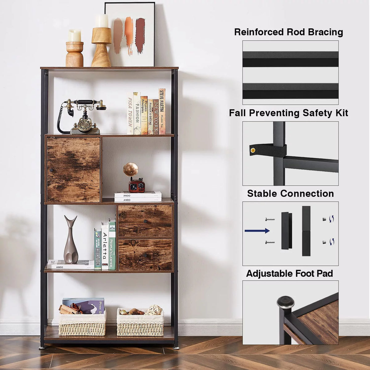 4-Tier Wooden Bookshelf with Drawer X115