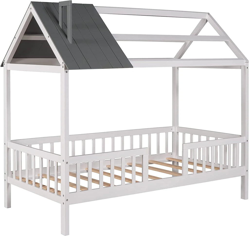 Wood Bed Frame with Pine Wood Roof and Guardrails C983