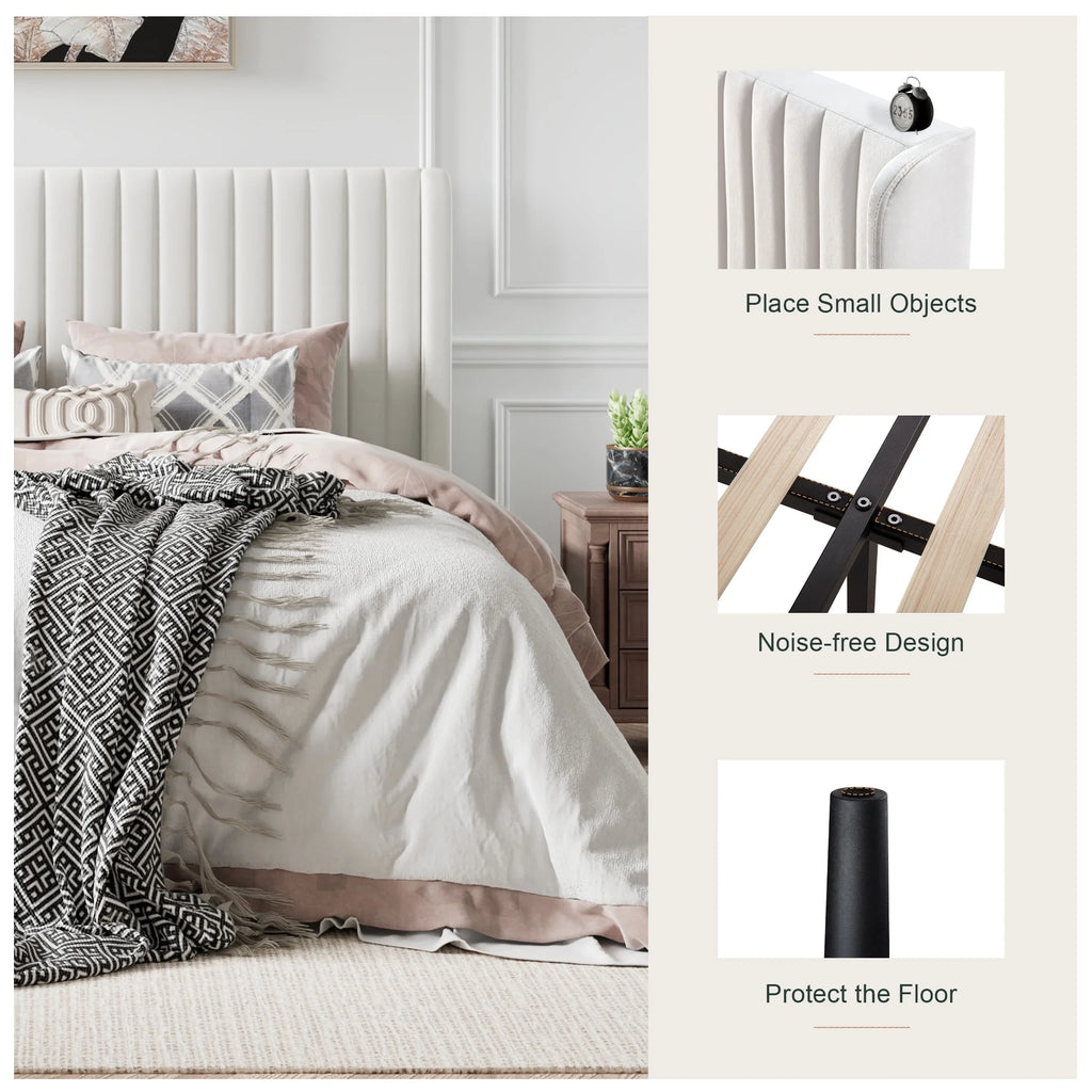 Queen Size Off-White Velvet Upholstered Bed Frame F45325