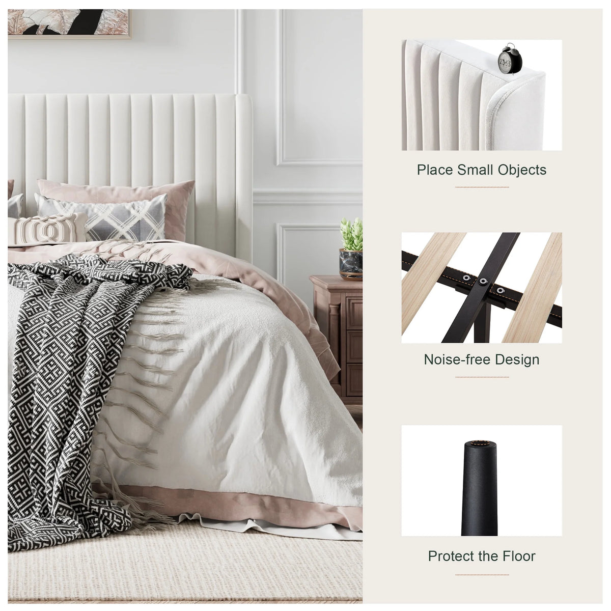 Queen Size Off-White Velvet Upholstered Bed Frame F45325