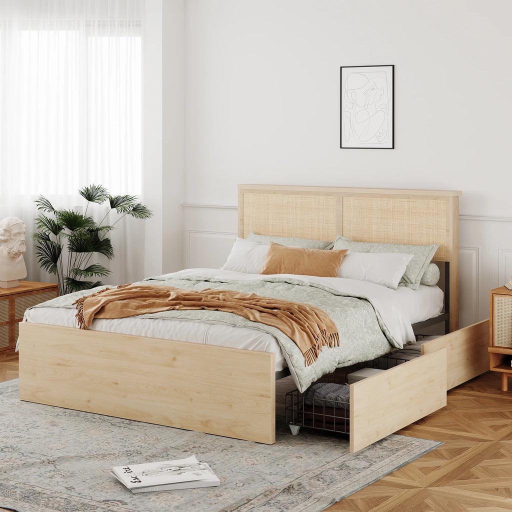 Natural Rattan Queen Bed Frame with Wooden Headboard and 4 Storage Drawers Y235398