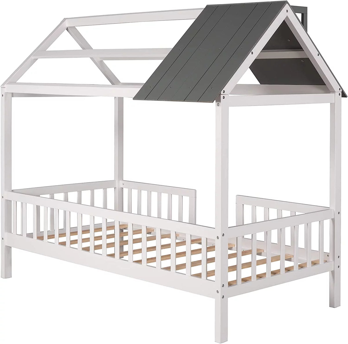 Wood Bed Frame with Pine Wood Roof and Guardrails C983