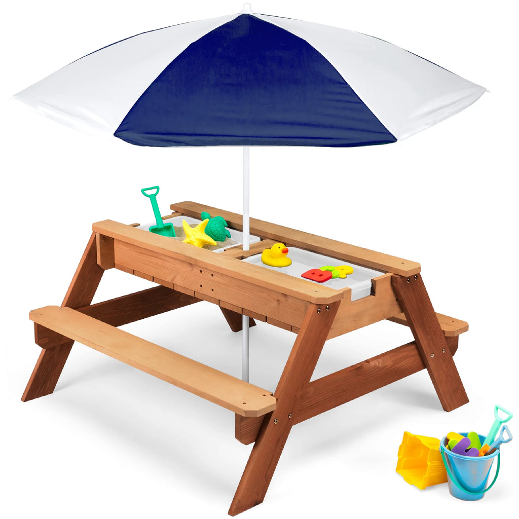 Kids 3-in-1 Wood Sand & Water Picnic Table with Umbrella C71839