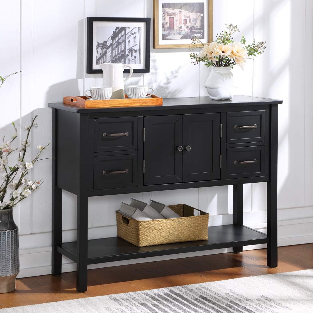 Solid Wood Console Table with 2 Storage Drawers and 1 Shelf, Black S986607