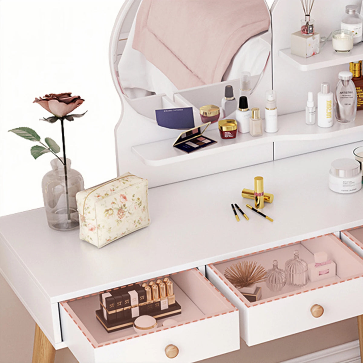 White Vanity Desk with Mirror and Lights, 3 Drawers D722466