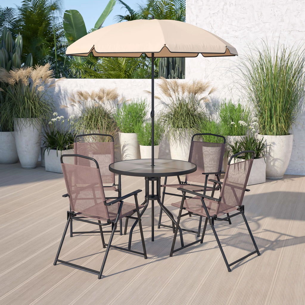 6-Piece Patio Set with Glass Table, Umbrella, and 4 Folding Chairs, Black U97157