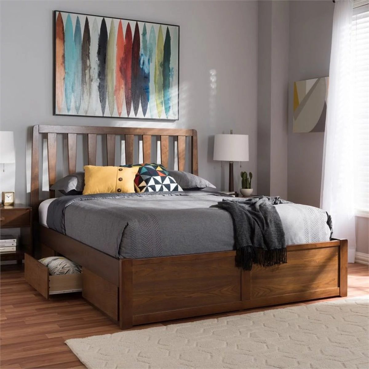 King Walnut Brown Wood Storage Platform Bed K725