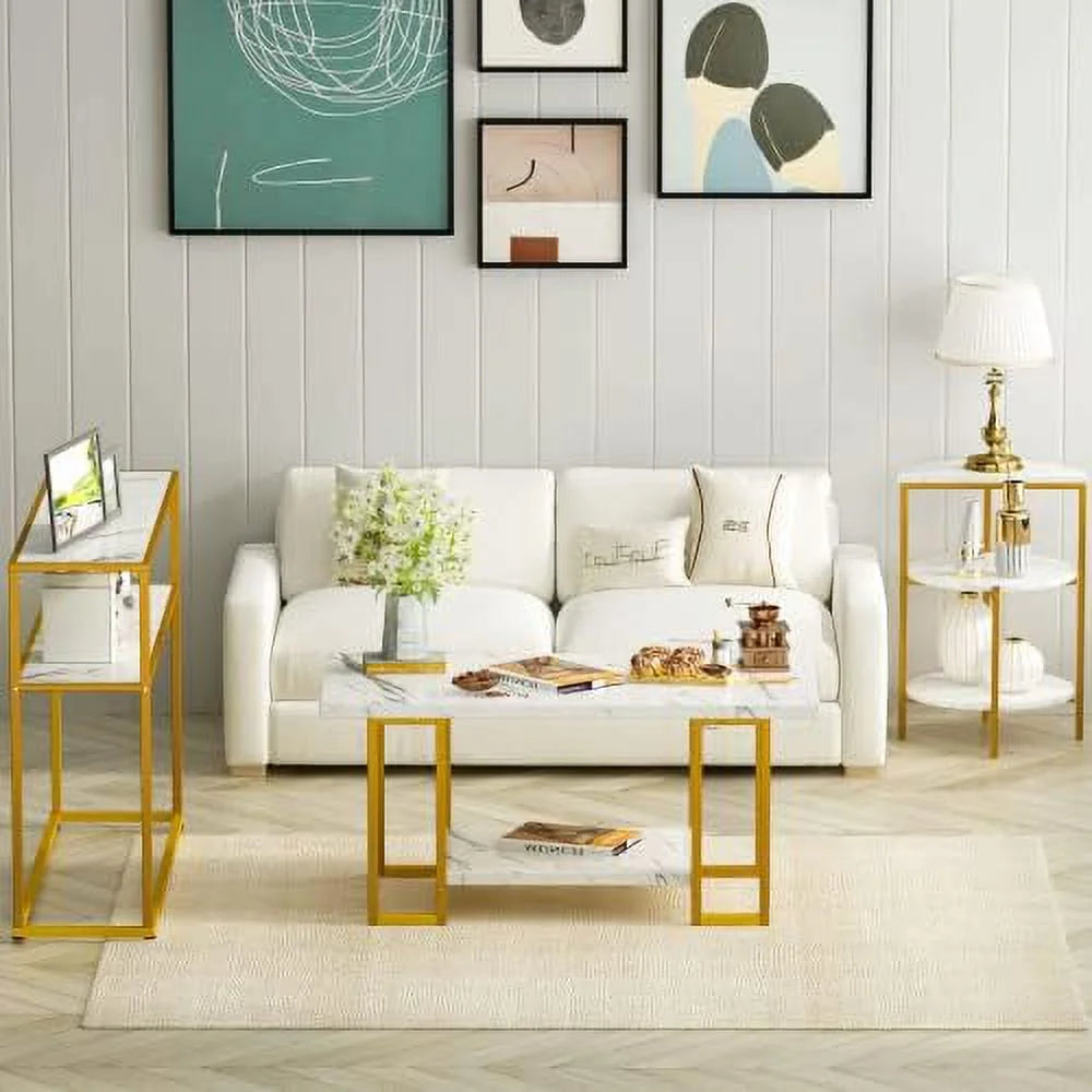 Faux Marble Coffee Table Set of 3 with Shelves Metal Frame R240296