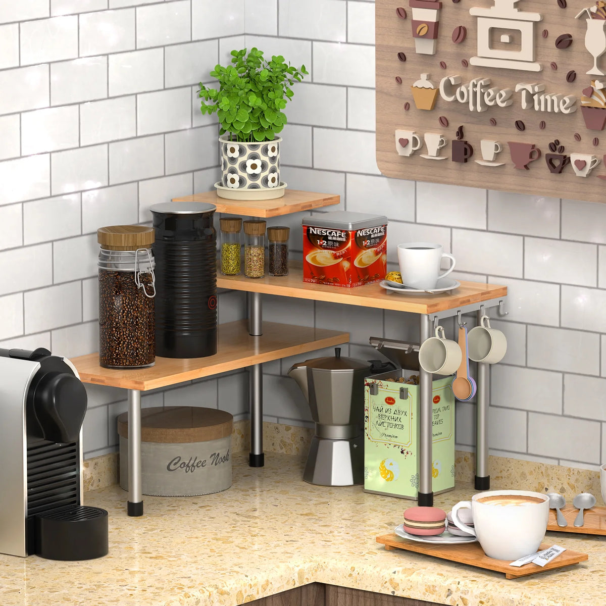 3 Tier Bamboo and Stainless Steel Kitchen Corner Shelving Unit with 4 Hooks R277193