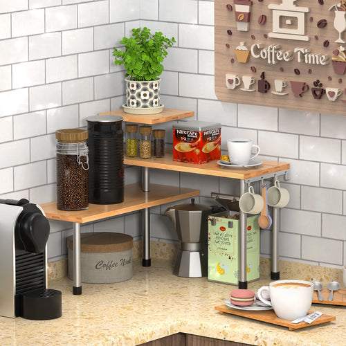 3 Tier Bamboo and Stainless Steel Kitchen Corner Shelving Unit with 4 Hooks R277193