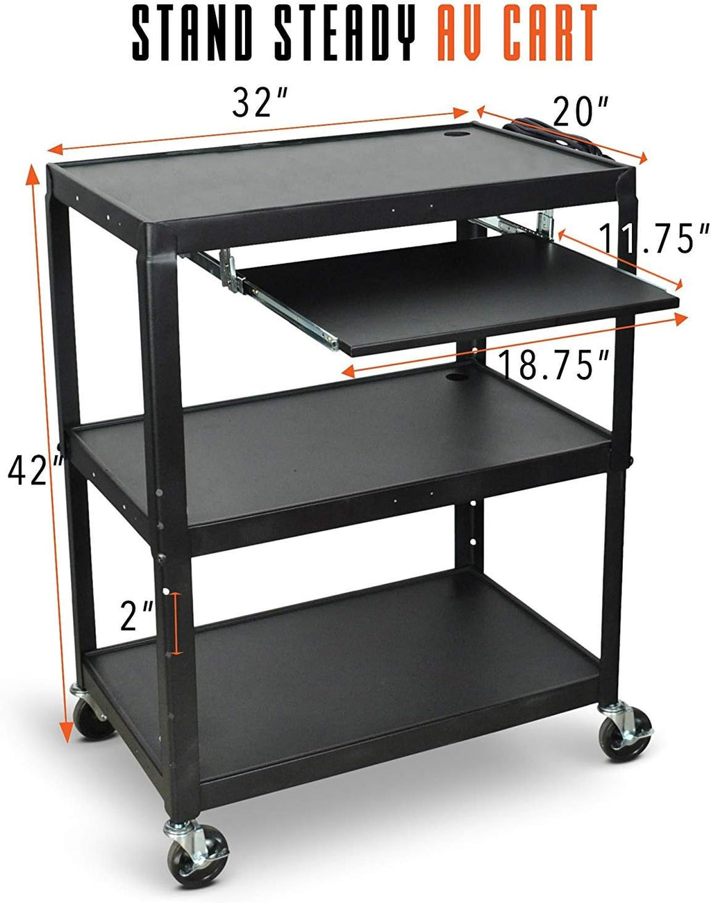 Extra Wide AV Cart with Lockable Wheels and Keyboard Tray W3877