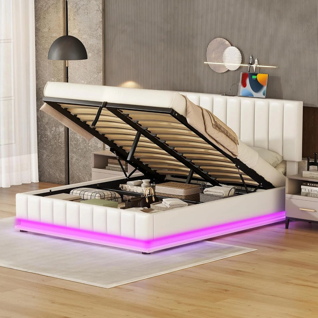 White PU Leather Queen Lift Up Storage Bed Frame with LED Light R58201