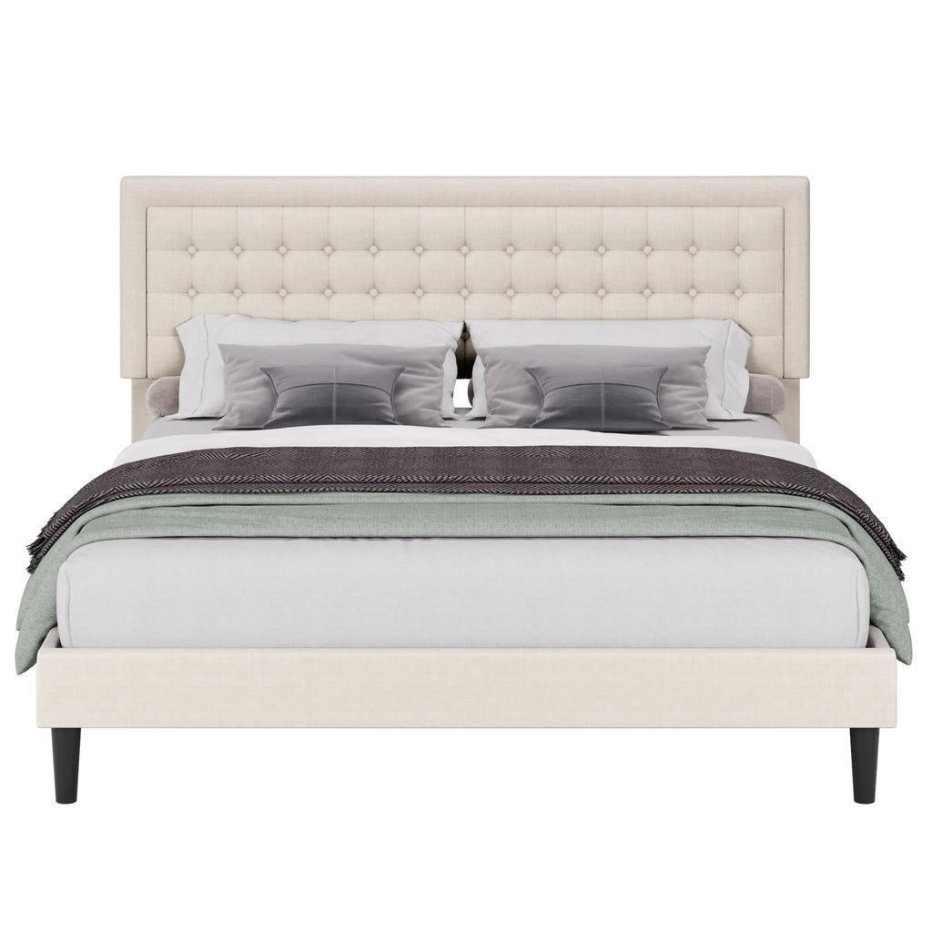 King Size Beige Upholstered Platform Bed Frame V134