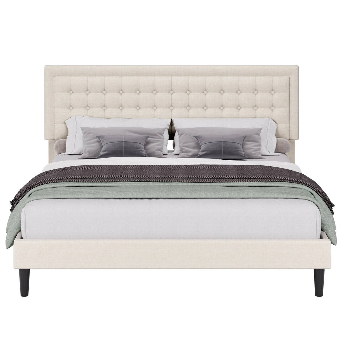King Size Beige Upholstered Platform Bed Frame V134
