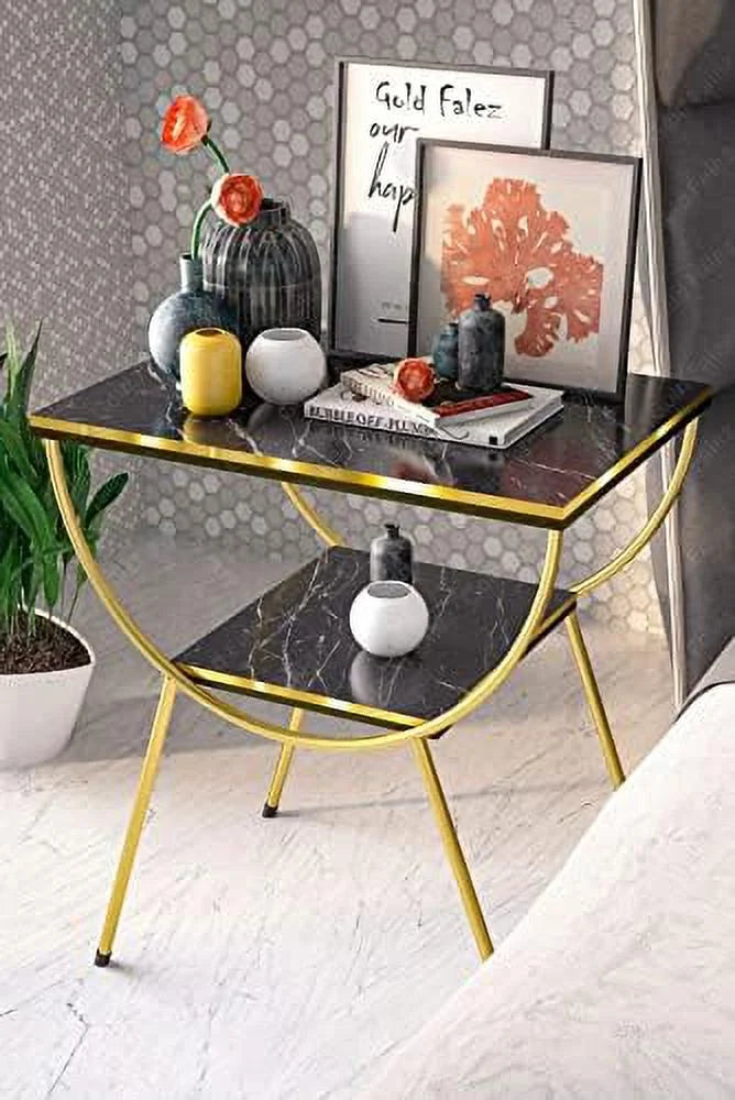 White Marble Nightstand with Gold Metal Legs K34154