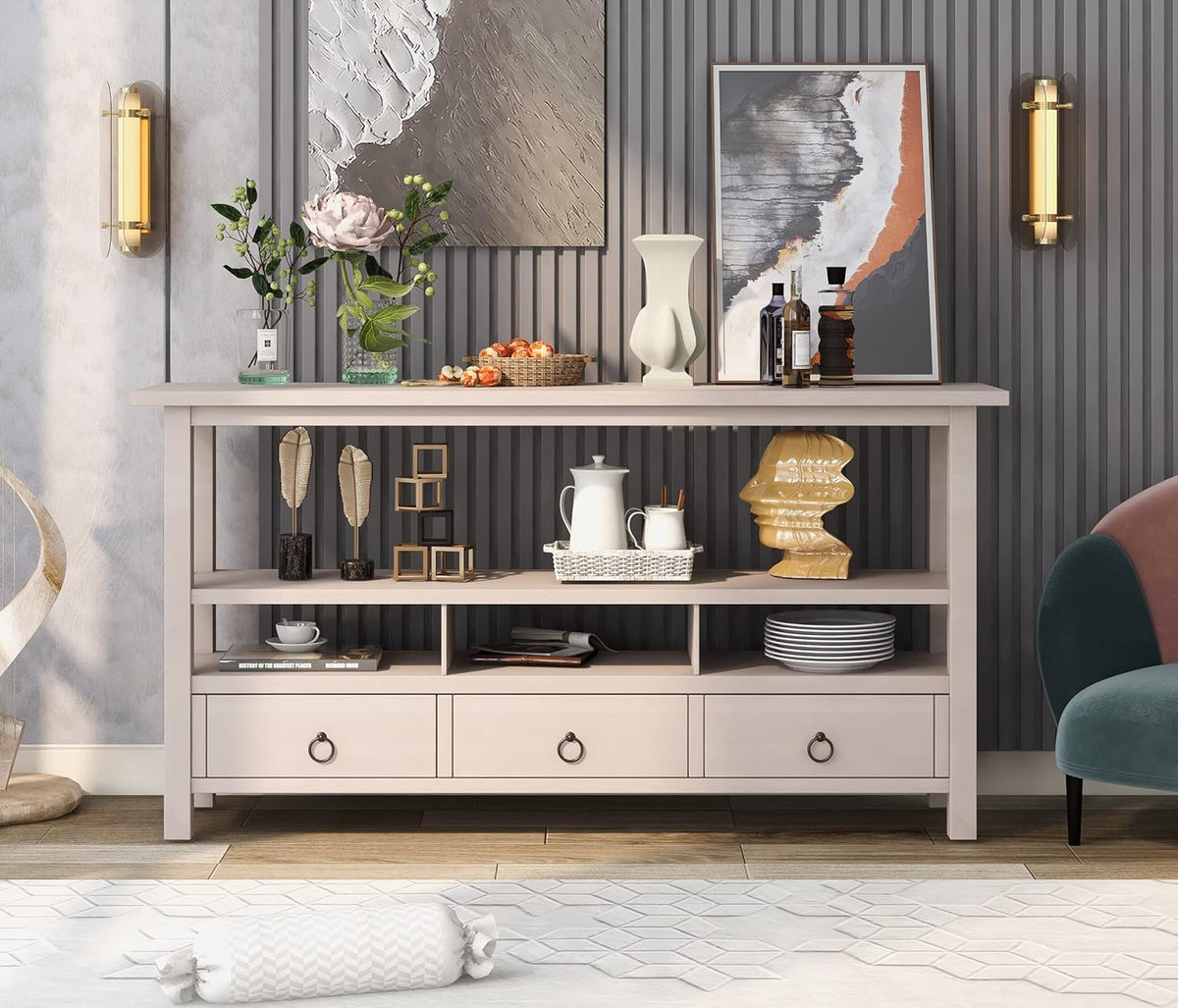 Solid Wood Console Table with 2 Storage Drawers and 1 Shelf, Black S986607