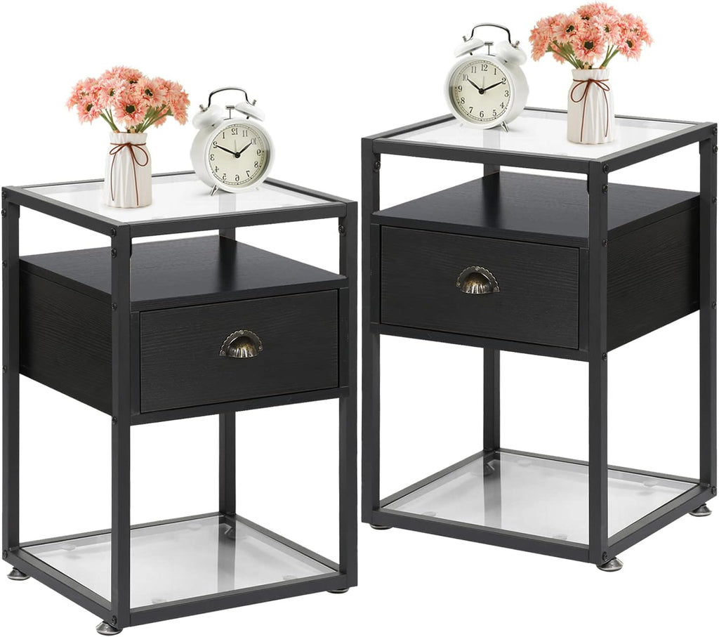 Black Nightstand with Drawer and Glass Surface, Set of 2 U98484