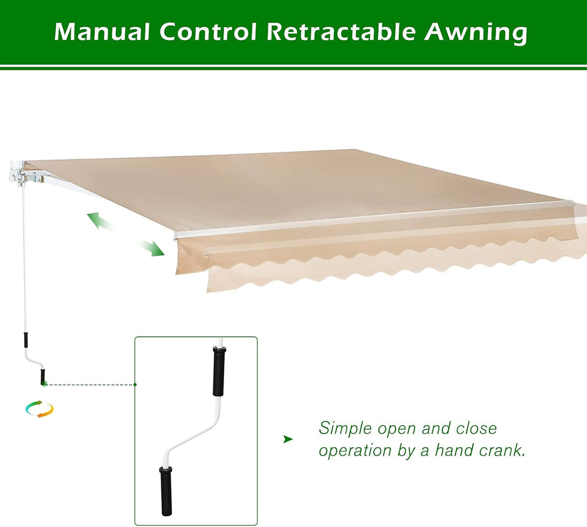 13'×8' Retractable Patio Awning with Manual Crank Handle, Beige K1302