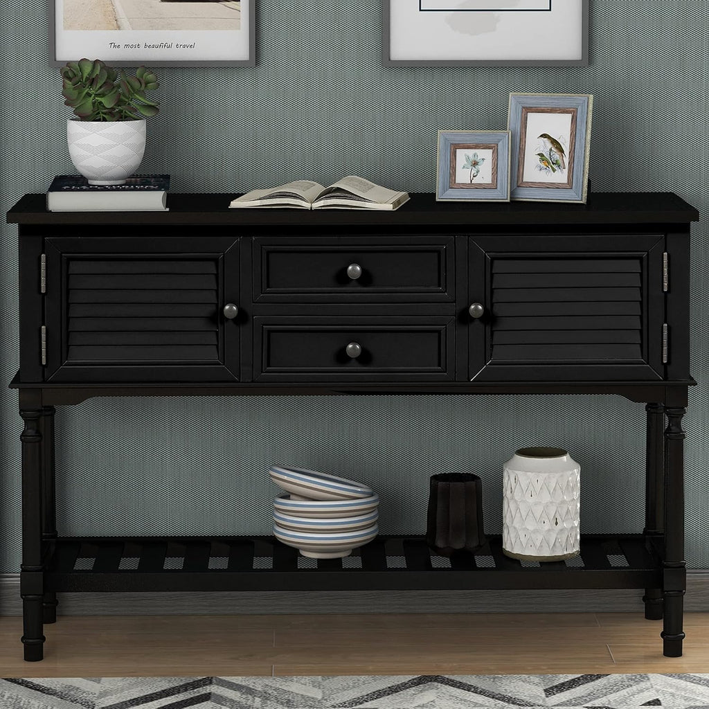Solid Wood Console Table with 2 Storage Drawers and 1 Shelf, Black S986607