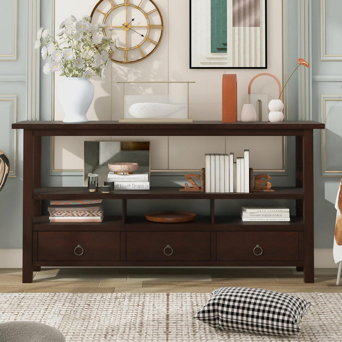 Solid Wood Console Table with 2 Storage Drawers and 1 Shelf, Black S986607