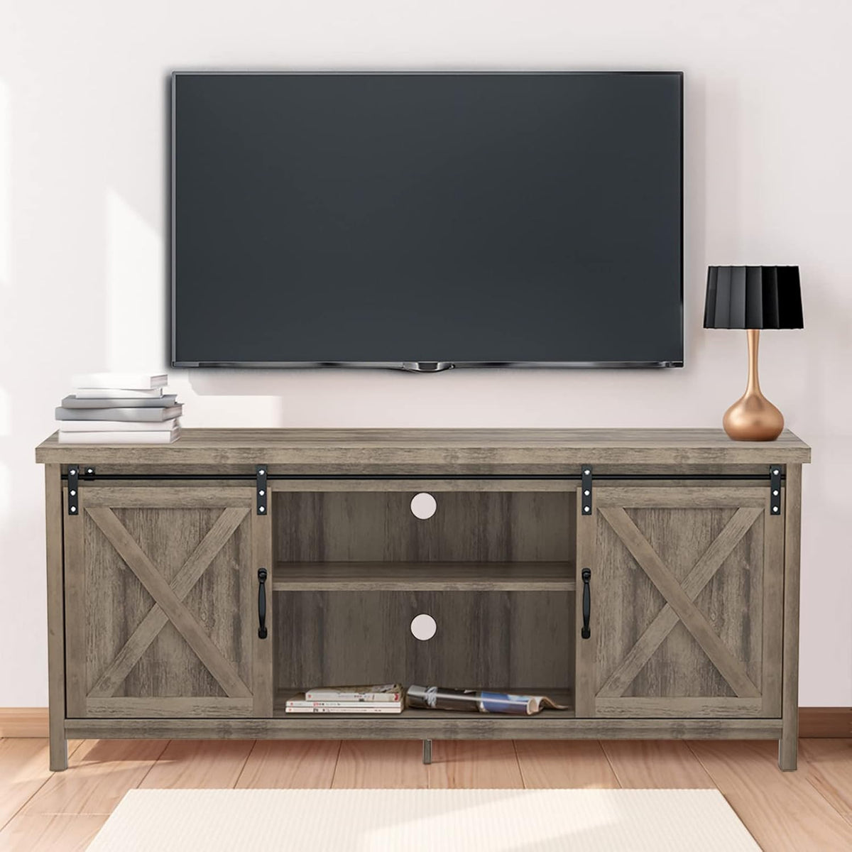 Grey Farmhouse TV Stand with Sliding Barn Doors M230