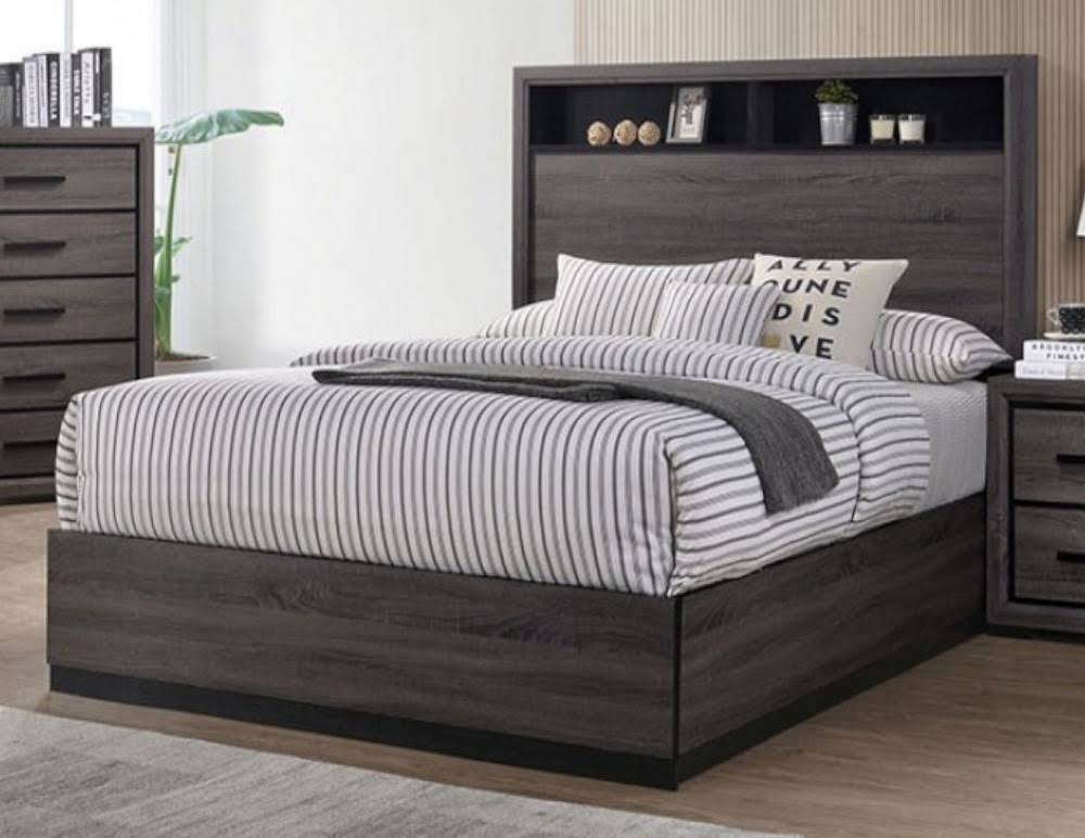 Gray Cal King Bed with Bookcase Headboard O3288