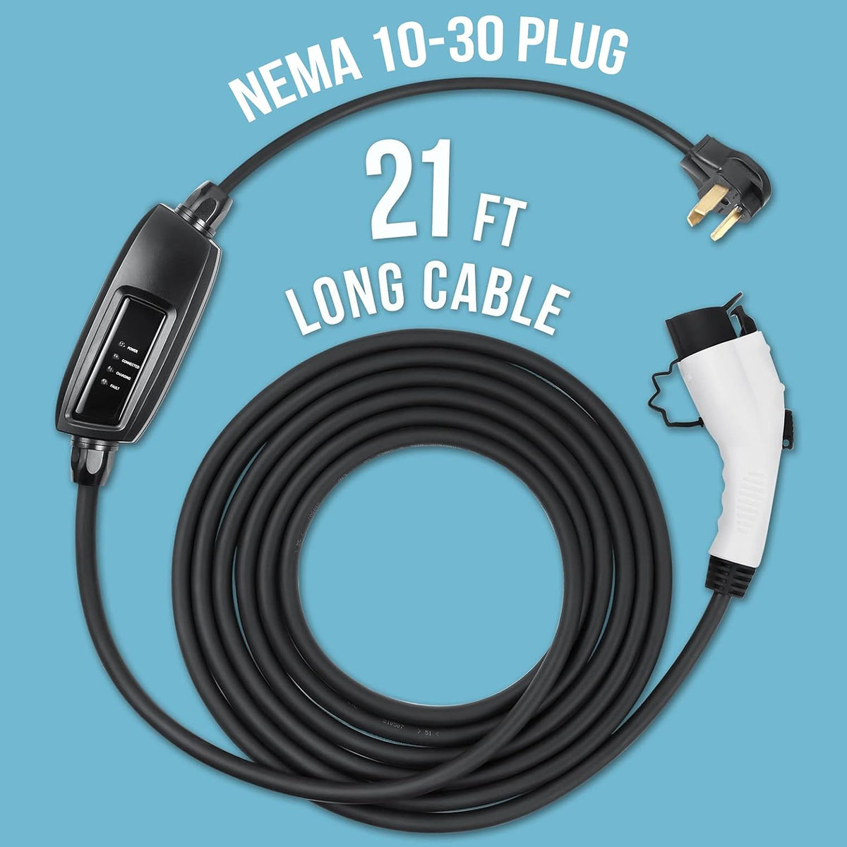 Level 2 EV Charger 240V 16 Amp with 21ft Cord J1772 Cable NEMA 10-30 Plug J52761