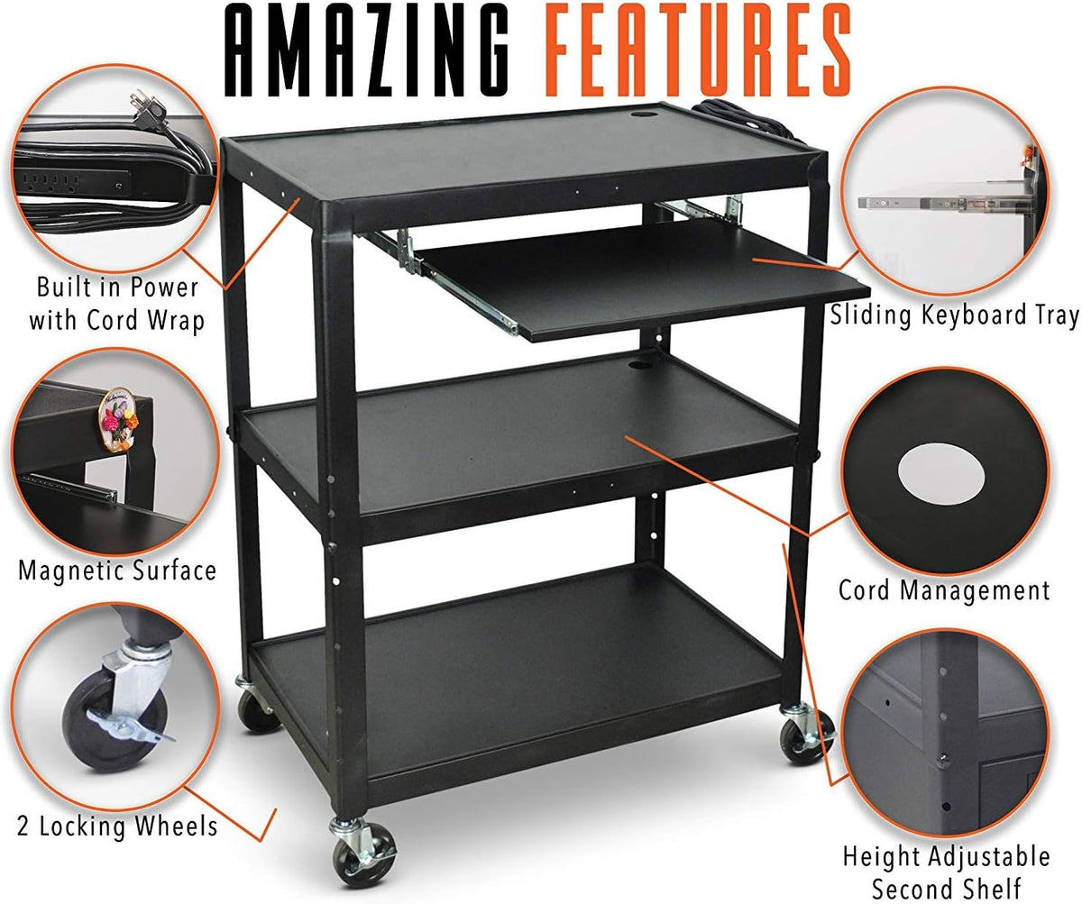Extra Wide AV Cart with Lockable Wheels and Keyboard Tray W3877