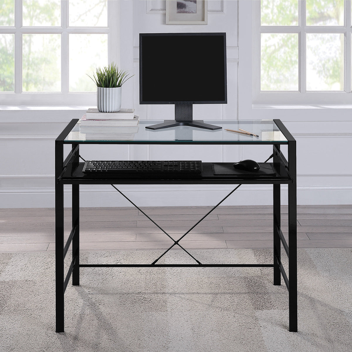 Computer Desk with Clear Tempered Glass Top and Black Metal Frame H139