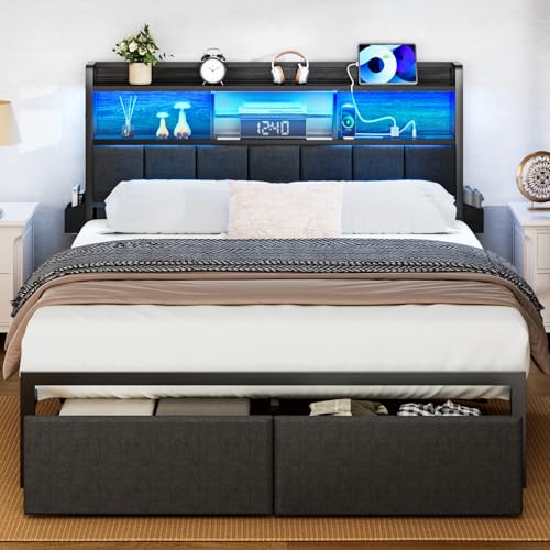 Queen Size Storage Drawer Metal Platform Bed Frame with Upholstered Headboard Y948