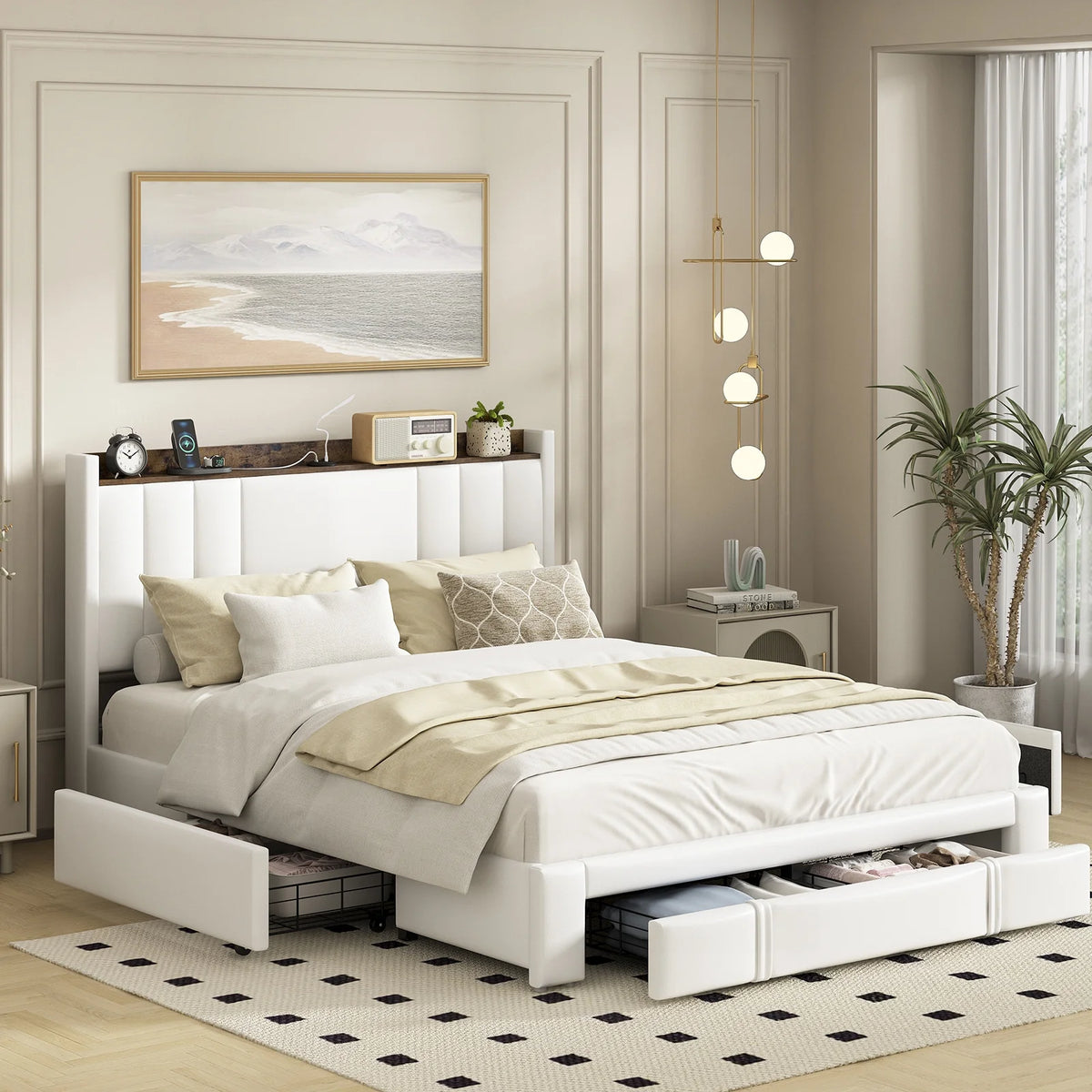 Faux Leather Upholstered Queen Bed Frame with Storage Headboard and 4 Drawers A835