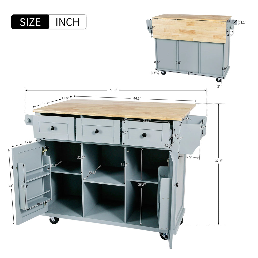 Blue Kitchen Island Cart with Drop-Leaf Countertop and 3 Drawers D5943
