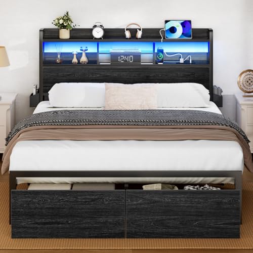 Black Full Size Metal Platform Bed Frame with Wood Headboard and Storage Drawers E30201